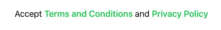 SwiftUI text with green linked terms and privacy policy.